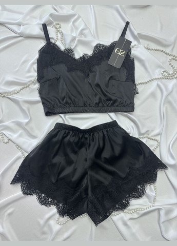 Чорна всесезон шовковий домашній комплект шортики+майка+халат шовк сінді трійка топ + шорти Ghazel