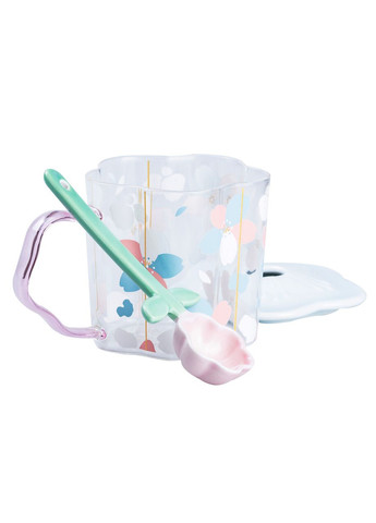 Чашка скляна 500 мл з ложкою та кришкою Блакитна для чаю та кави кухоль для напоїв ProDobro (364192887)