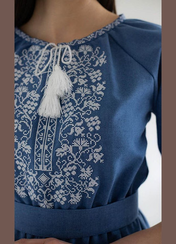 Синяя вышитое женское платье vishivano4ka 117-7 узор цветочный домотканное полотно (329902140)