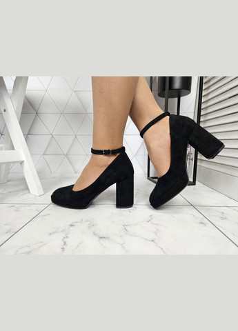 No Brand Туфли черные замшевые на широком каблуке с ремешком застежкой черный з, — (322650803)