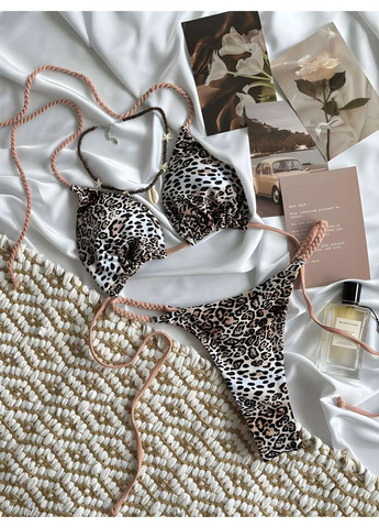 Комбинированный летний женский летний откровенный леопардовый купальник со стрингами. No Brand