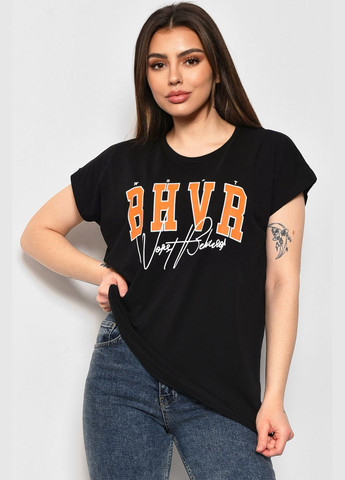 Черная летняя футболка женская полубатальная с надписью черного цвета Let's Shop