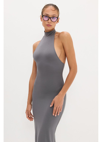 Серое платье макси с комиром халтер серый 822-1 Papaya