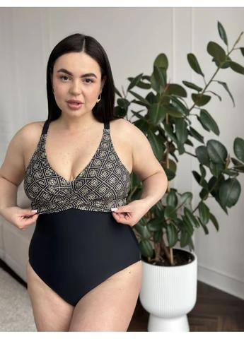 Чорний літній суцільний жіночий купальник з орнаментом plus size – злитий стильний купальник великих розмірів з утягувальним ефектом, мод No Brand