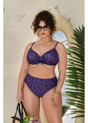 Фіолетовий літній жіночий купальник плюс сайз леопард з топом на зав’язці / жіночий купальник великих розмірів фіолетовий леопард No Brand