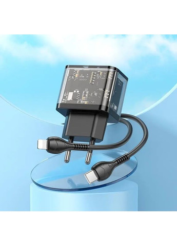 Мережевий зарядний пристрій з кабелем PD20W+QC3.0 charger set(C to iP) Transparent Black (6931474799173) Hoco N34 Dazzling dual-port (361348162)