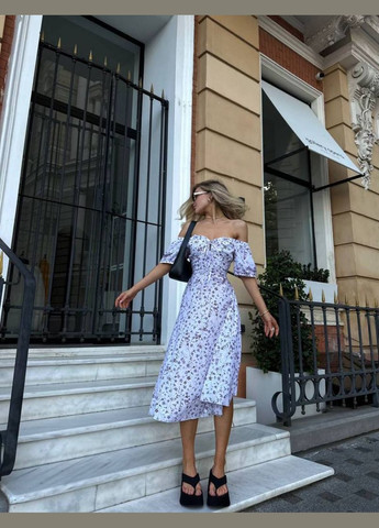 Белое кэжуал, коктейльное платье в цветочный принт с юбкой-солнце No Brand с цветочным принтом