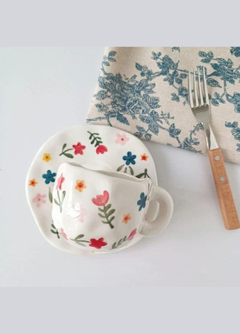 Керамическая чашка для кофе с блюдцем "Цветочки" 290мл, ручной работы, белая OSM (319155297)