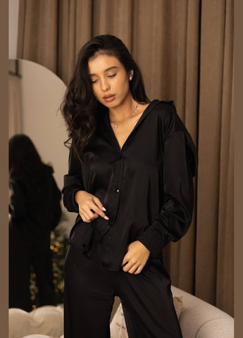 Жіночий шовковий елегантний брючний костюм у піжамному стилі сорочка і штани палаццо чорний No Brand (316232135)