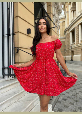 Червона повсякденний, святковий, коктейльна, вечірня сукня жіноча з відкритими плечима No Brand з квітковим принтом