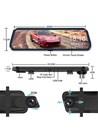 Автомобільний відеореєстратор дзеркало з камерою заднього виду сенсорний екран 10 дюймів Full HD 1080P реєстратор чорний Micro L1027 (329442897)