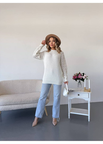 Молочный демисезонный женский свитер с ажурными рукавами джемпер No Brand