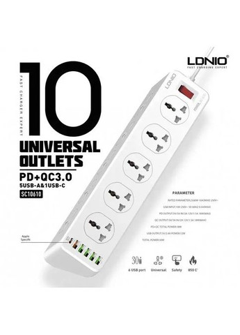 Сетевой удлинитель SC10610 (2m, 2500W, EU Plug, 5USB/1Type-C/10 Sockets, QC/PD, 10A) White Ldnio (370255540)