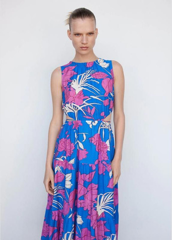 Синее платье медное летнее платье в цветы с вырезом Mango