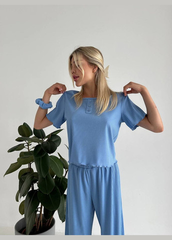 Блакитна всесезон піжама трійка футболка + штани No Brand