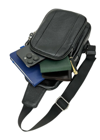 Стильная мужская сумка-слинг нагрудная из натуральной кожи на молнии, чёрная LQ 818510 (278649371)