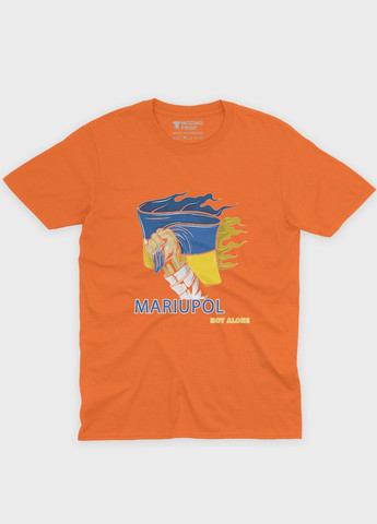 Оранжевая мужская футболка с патриотическим принтом мариуполь (ts001-3-ora-005-1-084) Modno