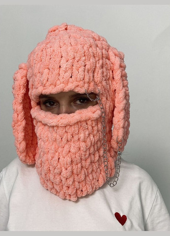 Alize вязанная балаклава шапка puffy светло-коралловый, с ушами зайца и цепочкой (3256529954) коралловый производство - Турция