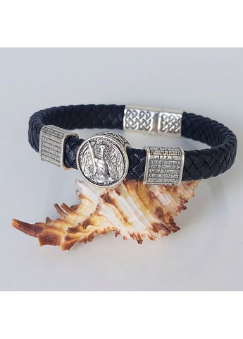 Браслет православный с Архангелом Михаилом и молитвой из серебра и кожи No Brand (365818904)