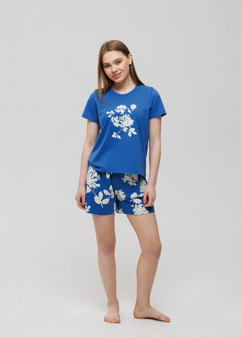 Синя всесезон бавовняна жіноча піжама з шортами та квітковим принтом s синій (4826459404121) Наталюкс 48-2645