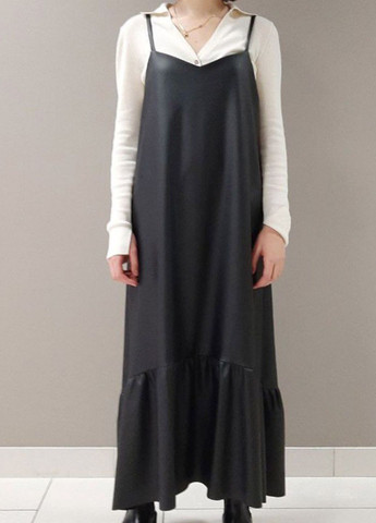 Чорна кежуал жіноча сукня-комбінація максі, екошкіра (469-42) Macarena