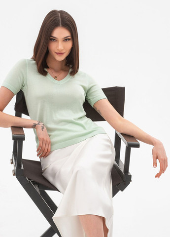 Фісташковий тонкий трикотажний джемпер з v-подібним вирізом SVTR