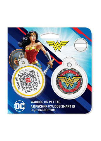Адресник для собак и котов металлический Smart ID c QR паспортом, рисунок "Чудо-женщина 2", круг, Д 30 мм WAUDOG (330245226)