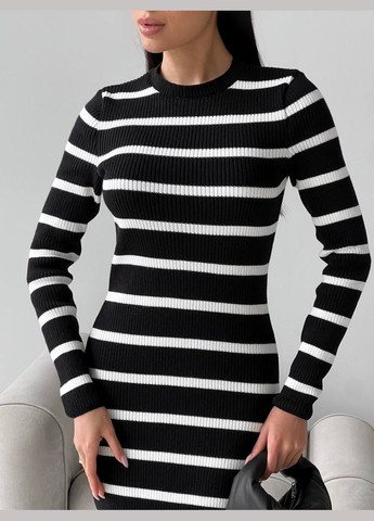 Черное женское платье миди в полоску цвет черный-белый р.42/46 449384 New Trend