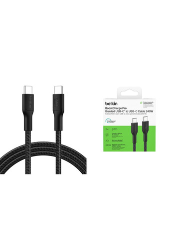 Кабель USB-C > USB-C заряджання/синхронізації 2м, 240Вт, Type-C, плетінь, чорний Belkin (360395094)