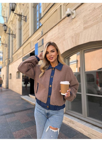 Светло-коричневая демисезонная женская куртка из турецкого меха тедди с джинсовыми вставками — замеры в описании куртка-пальто DK/DL Мода без кордонів