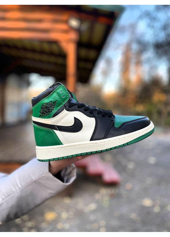 Серые демисезонные кроссовки мужские nike air jordan 1 retro high black white green найк аир джордан No Brand