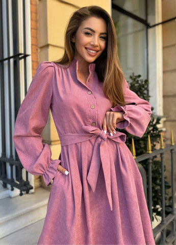 Темно-рожева повсякденний сукня на гудзиках з поясом сукня-сорочка Україна однотонна