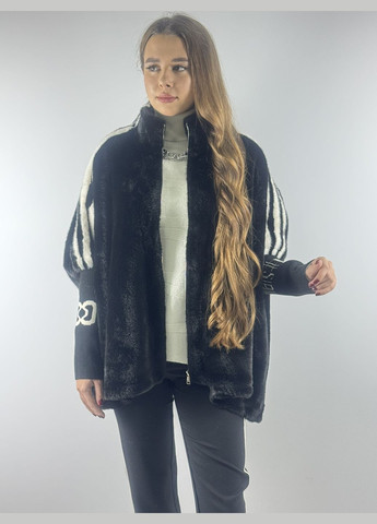 Шубка укороченная, женская, коричневая, эко мех с черными лампасами на рукавах, эко мех;* Seven (314962618)