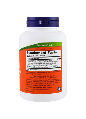 Зеленый чай EGCg Green Tea Extract 400 mg 180 Veg Caps Now Foods (301770769)