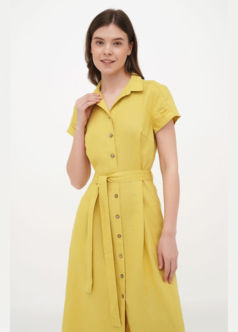 Жовтий сучасна міді сукня-халат з льону на ґудзиках з комірцем та поясом джейн., р., код 0455/42/603 ГАЛЕРЕЯ ЛЬОНУ