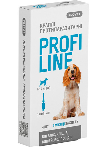 Капли Profiline инсектоакарицид для собак 410 кг 4 пипетки по 1.0 мл (4823082431045) ProVET (279564380)