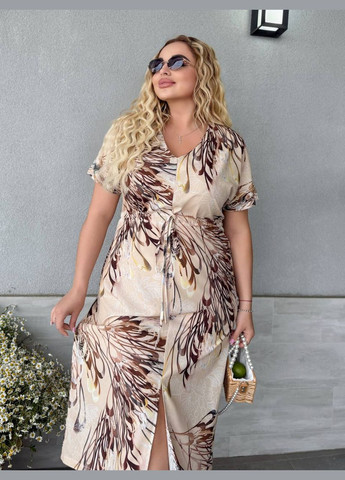 Бежевое удлиненное платье свободного кроя с v-образным вырезом на груди Україна