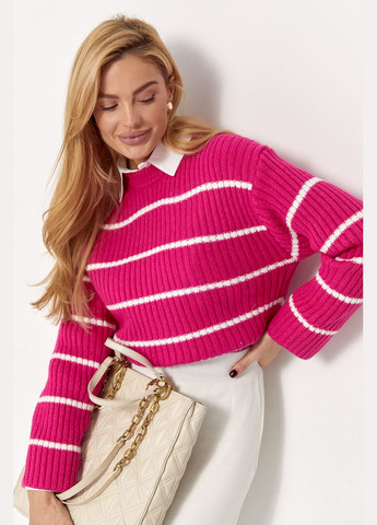 Фуксиновый зимний вязаный женский свитер в полоску Lurex