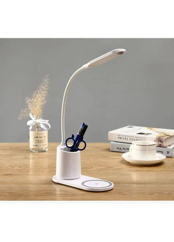 Настольная светодиодная лампа с беспроводной зарядкой и подставкой для канцелярии Белая No Brand (363186091)