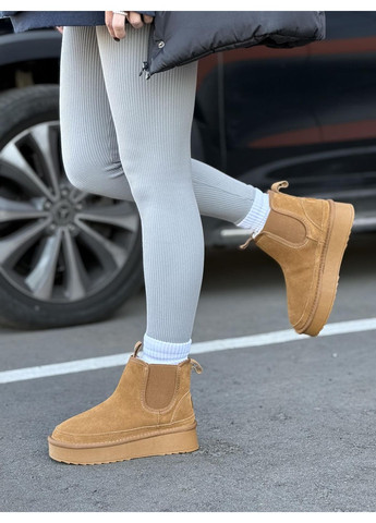 Женские замшевые угги на платформе зимние осенние короткие натуральная замша искусственный мех бежевые ботильоны челси No Brand бежевые зима (362961339)