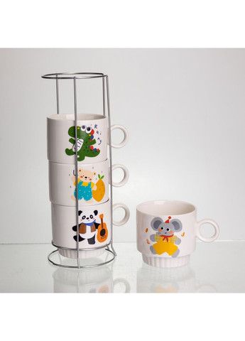 Набір порцелянових чашок для дітей на металевій підставці Animals 4 (шт) по 300 (мл) подарунковий набір чашок FM-8 Yiwu (370973886)