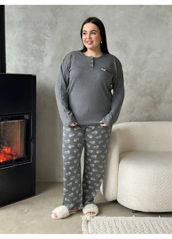 Сіра всесезон піжама жіноча домашній костюм plus size лонгслів + брюки No Brand