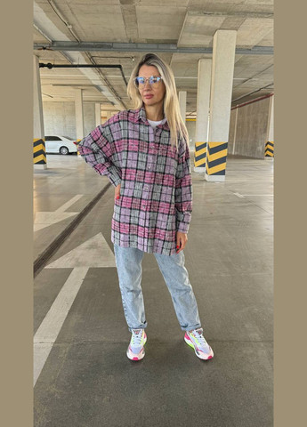 Фиолетовая спортивная, домашний, повседневный, кэжуал, джинсовая рубашка в клетку No Brand с длинным рукавом