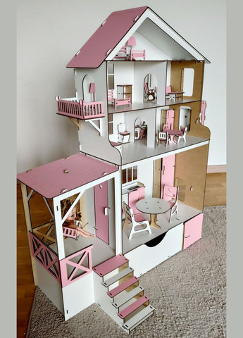 Деревянный детский кукольный домик сборный трехэтажный для кукол, с лифтом, с террасой, с балконом и с ящичком No Brand (305076694)