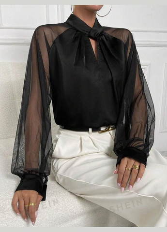 Чёрная лёгкая летняя блузка с воздушными рукавами из сетки, шикарно подходящая в жаркую погоду шёлковая блуза No Brand 1045