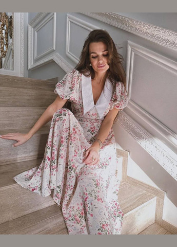 Білий ніжна весняна сукня-міді з шифону+підкладка софт з коротким рукавом, біла сукня в квітковому принті та відкритим декольте No Brand