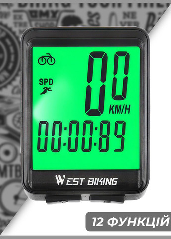 Спідометр на велосипед велокомп'ютер бездротовий комп для велосипеда 12 функцій з підсвічуванням Чорний 72079 West Biking (336330637)