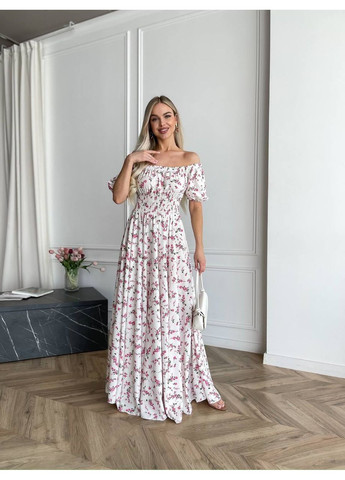 Білий святковий, повсякденний, вечірня, пляжна, кежуал жіноча довга сукня з відкритими плечима Vakko з квітковим принтом