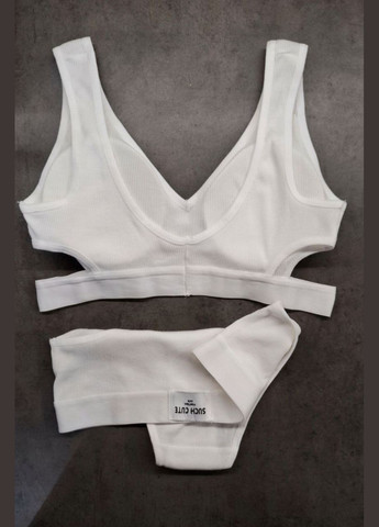 Белый демисезонный женский базовый комплект нижнего белья из рубчика со съемными чашками – топик и трусики, универсальный размер No Brand