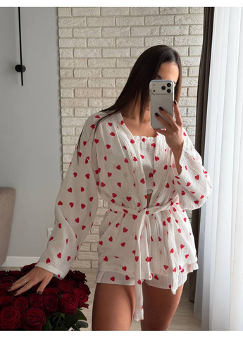 Белая пижама женская тройка шорты, топ и халат No Brand